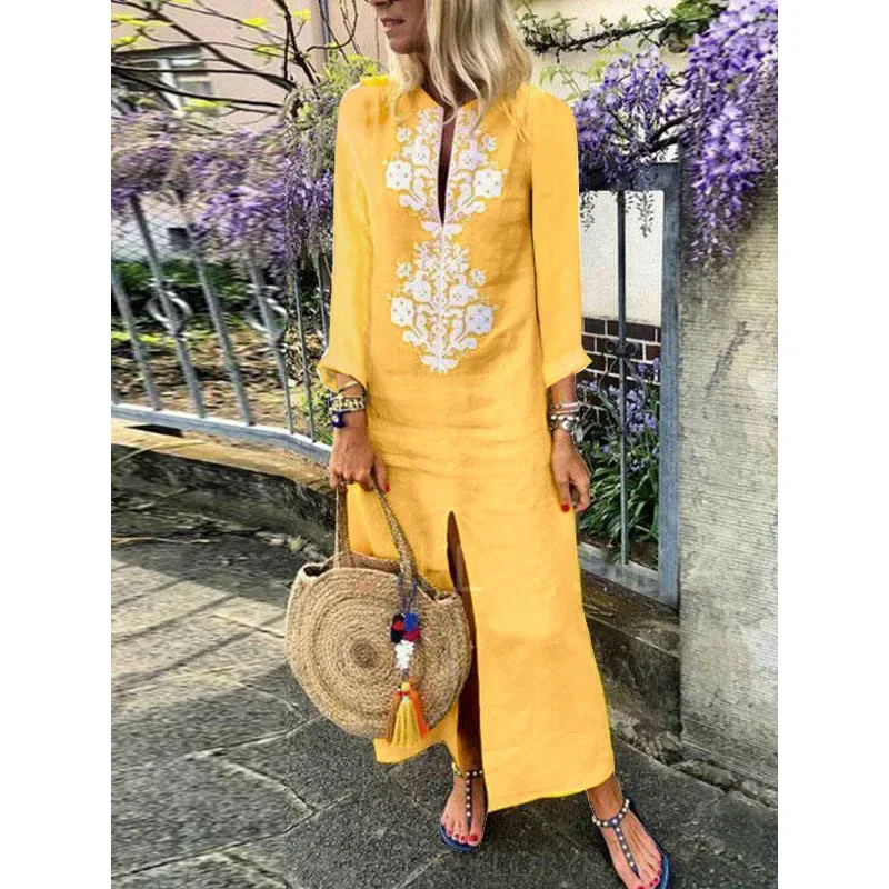 Cotton linen boho holiday dress women Spring casual African dashiki print front slit maxi tunic V neck dress