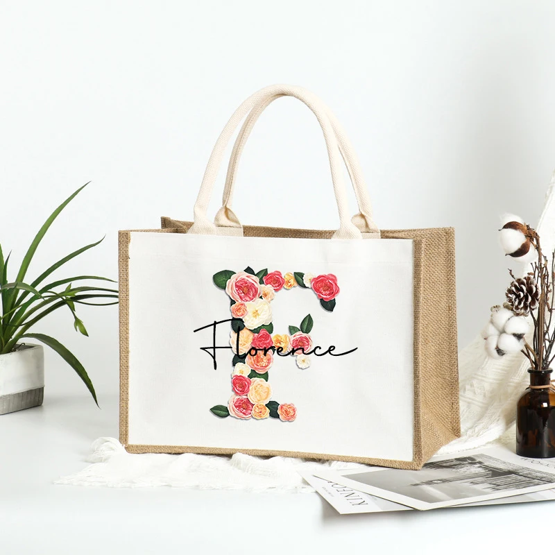 Floral Name Print Custom Jute Shopping Bag Beach Girls Trip Tote A-Z Alphabet Personalized Linen Shopper Gift Big Capacity