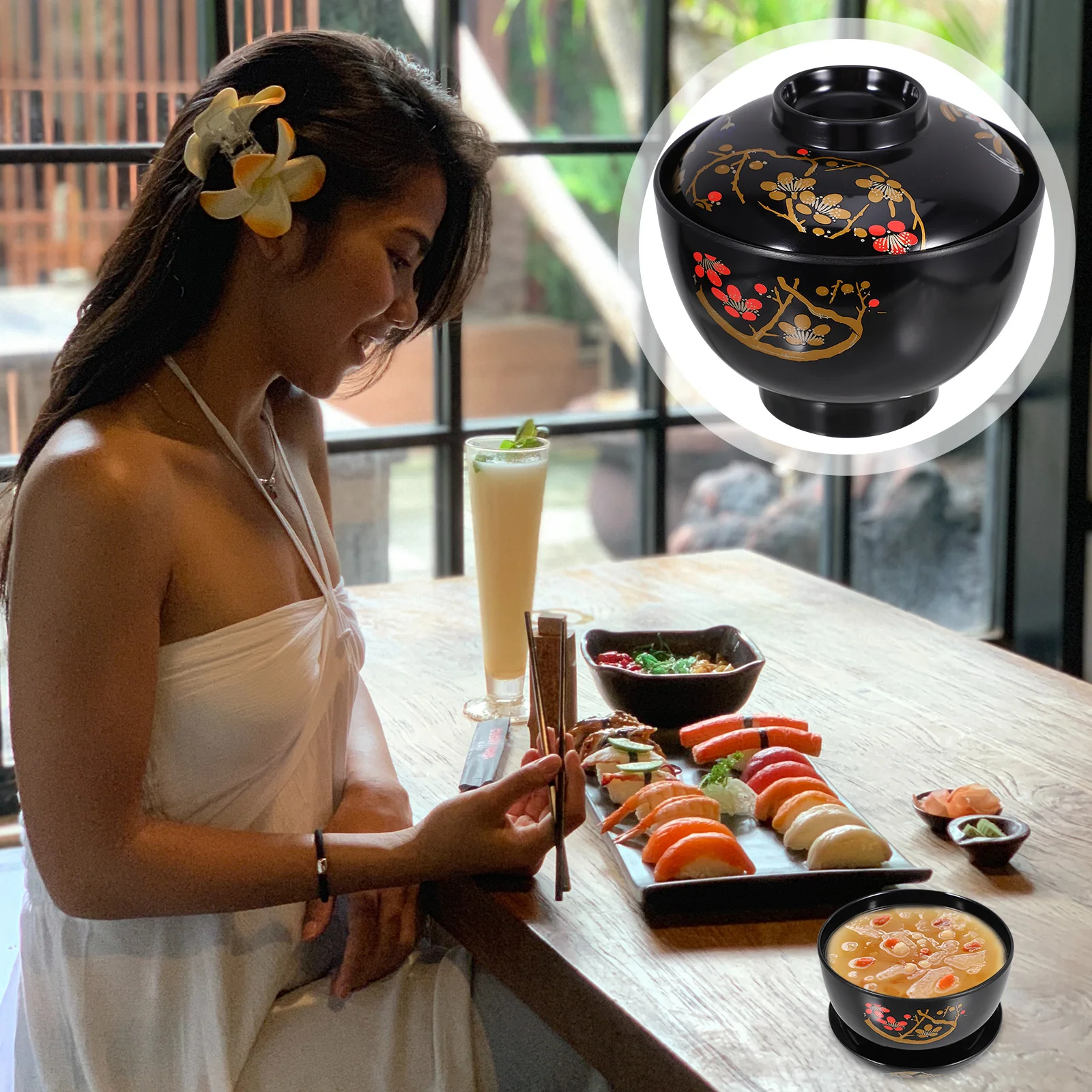 Japanese Soup Bowl Traditional Lidded Food Container Lightweight Non-Slip Kitchen Dining Rice Bowl for Home Restaurant Use