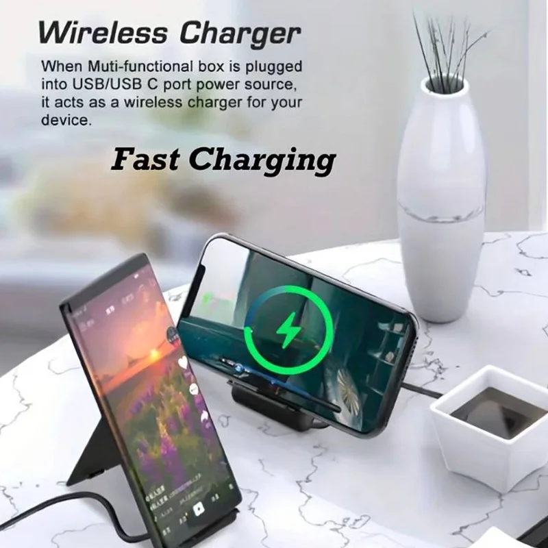 9 in 1 Wireless Charger Stand Pad USB C To USB C Cable PD Fast Charging Station Holder Data Cord Type C Micro Cable Storage Box