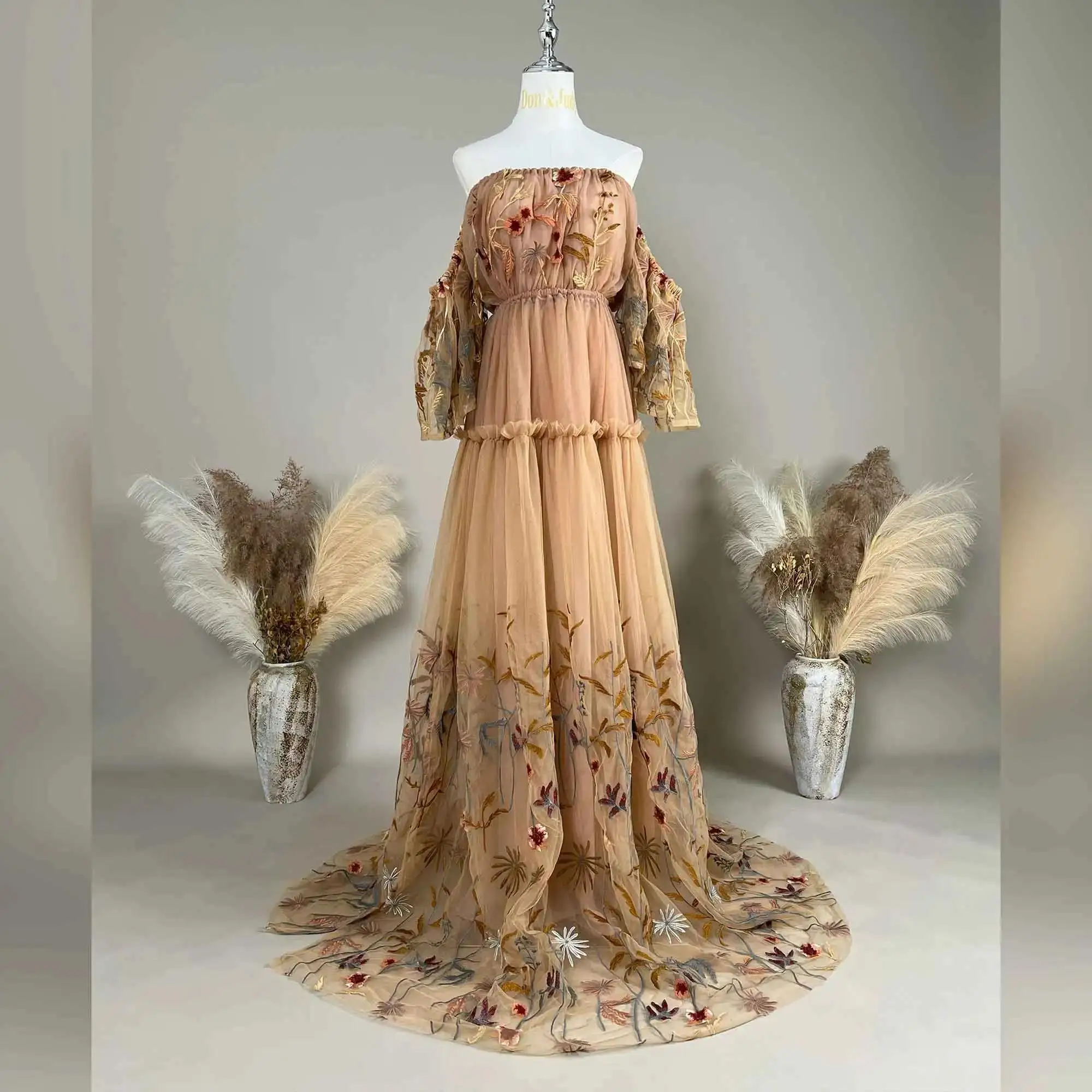 

Don&Judy Maternity Tulle Embroidered Gown with Removable Liner for Photoshoot Photography Session