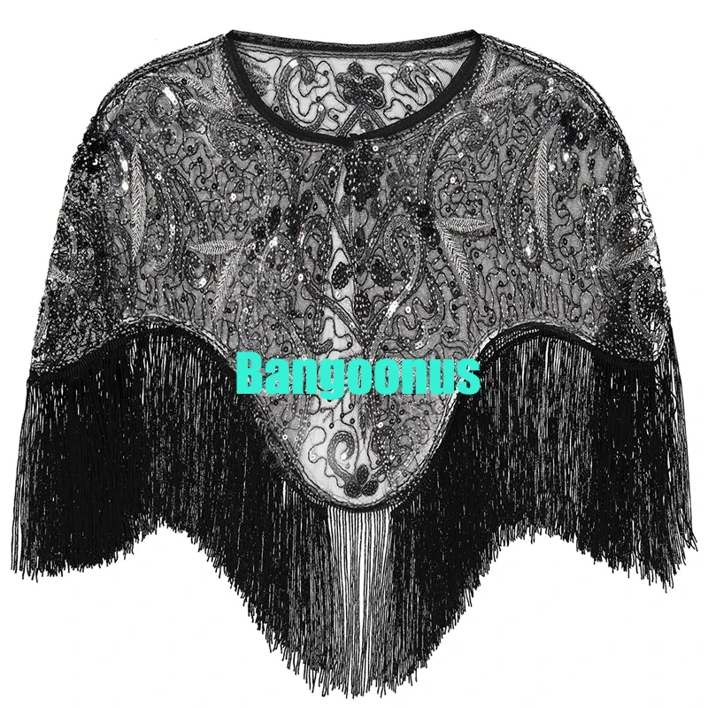 Black Women 1920s Flapper Embroidery Fringe Shawl Cover Up Gatsby Party Beaded Sequin Cape Vintage Mesh Scraf Wraps for Dresses