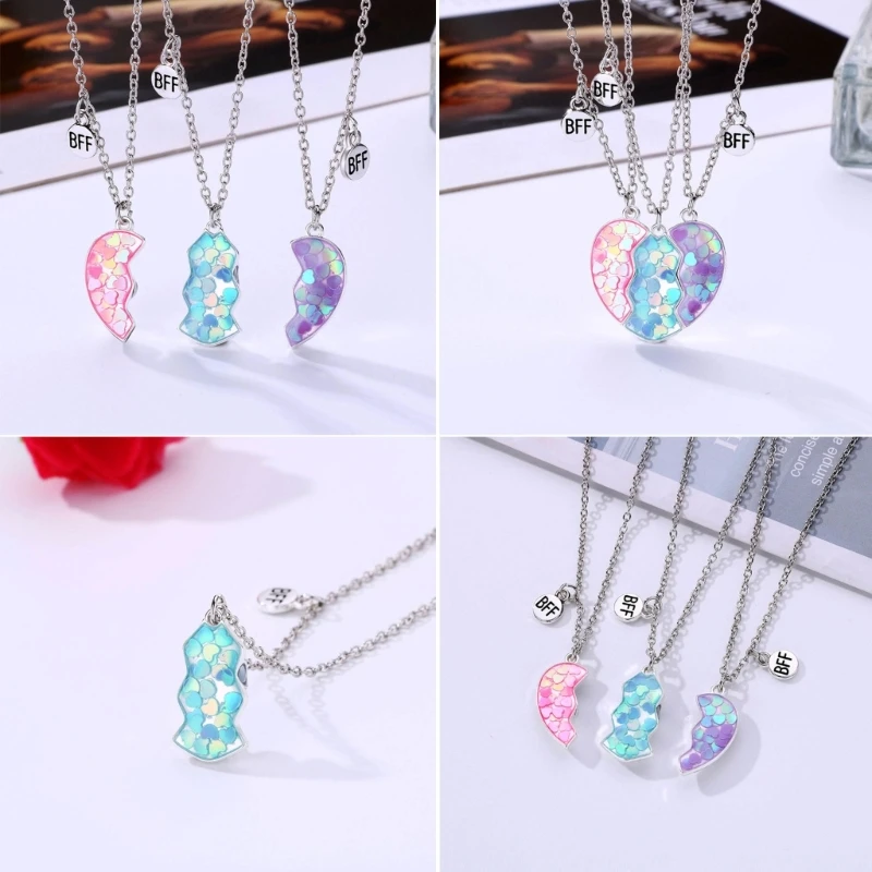 Magnetic Night Glow Glitter Necklace, Dolphin Heart Pendant, Unique Choker, Joias para Mulheres e Meninas, 3 Pcs