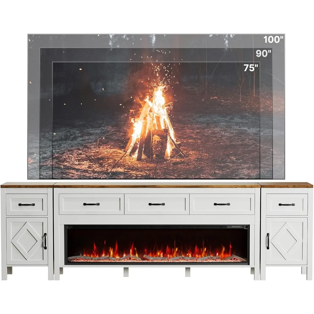 حامل تلفزيون حديث مع مدفأة لأجهزة التلفاز حتى 100 بوصة، مركز ترفيه مع مدفأة كهربائية 60 بوصة، وحدة تحكم تلفزيون مقاس 98 بوصة مع #2