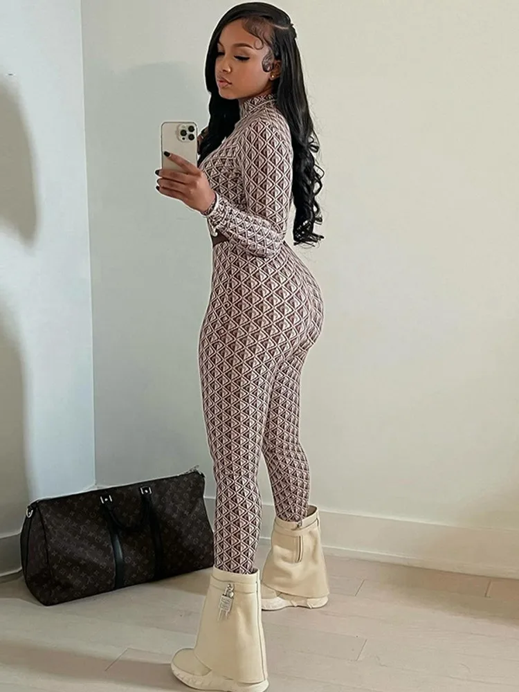 Damskie kombinezony z nadrukiem na wiosnę i lato, z długim rękawem, okrągłym dekoltem, luźne, modne, streetwearowe, spodnie typu ołówkowe, spodnie, 2026