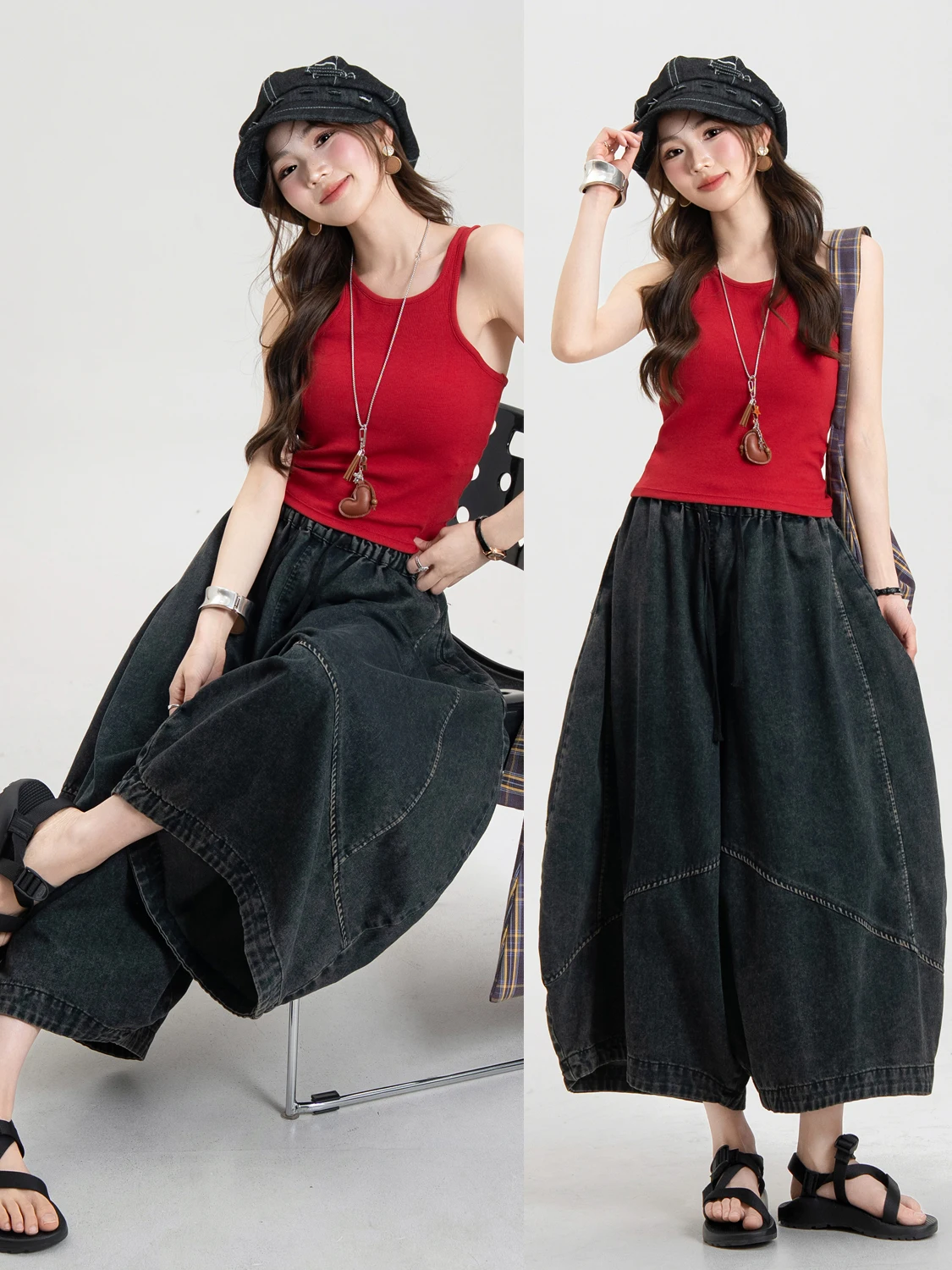 

MS Studio Vintage Faded Denim Lantern Pants Women Summer Loose Casual Wide Leg Jeans Cotton Twill Drawstring Natural Waist