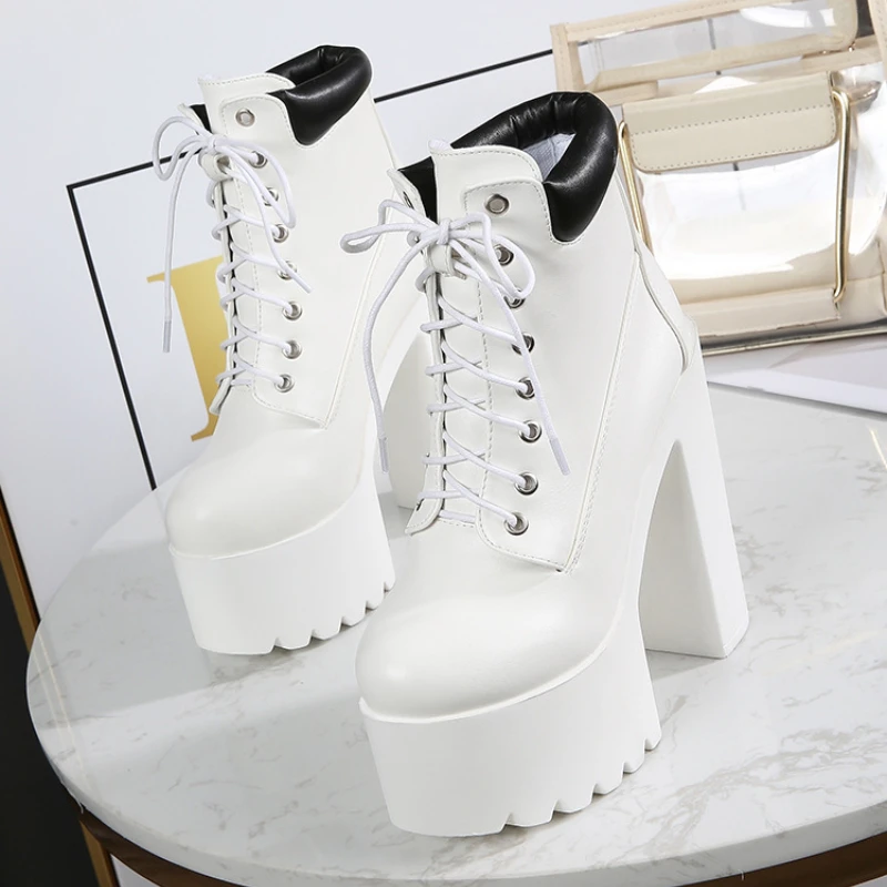 2024 New Women Black White Ankle Boots 14cm Super High Heels Square Heels Boots Zip Rivet Insole Sexy Women Boots