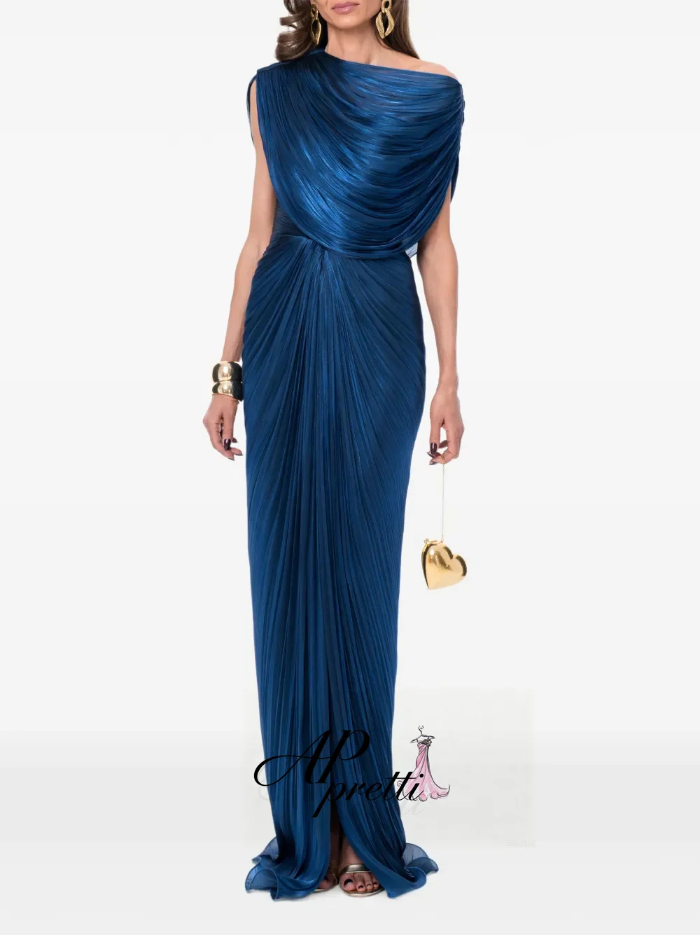 AP pretti Sparkly Dark Blue One-Shoulder Cape Evening Gown Dress Draped Floor-Length Formal Reception Dress Customized 2026