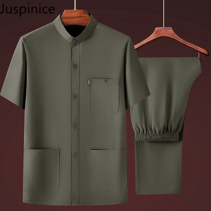 

Summer Thin Short-sleeved Shirt Trousers Set Middle-aged Causal Loose Stand-up Collar Multi-pocket Shirts Pants Set Male Clothes