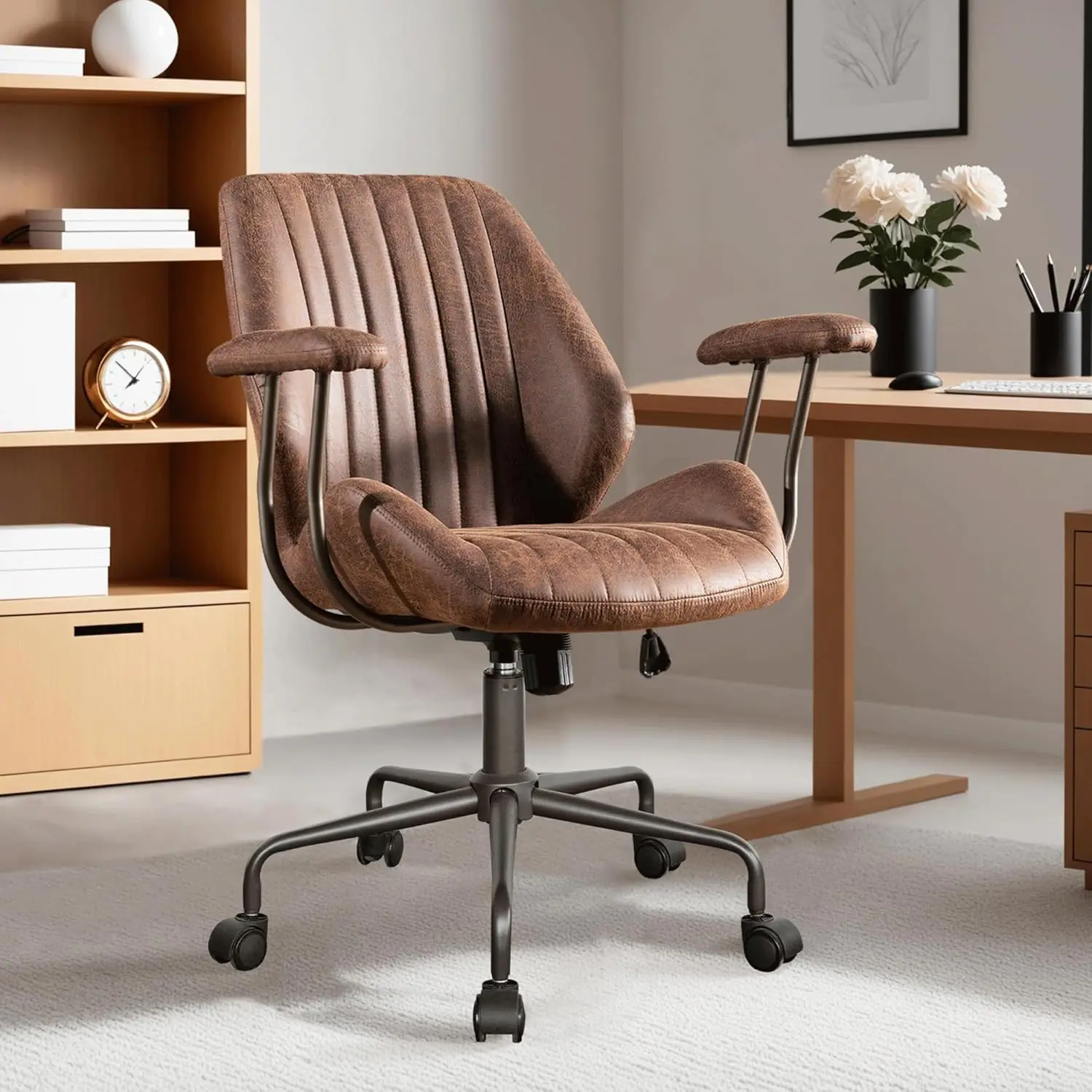 

Ergonomic Home Office Chair, Mid- Modern Faux Leather Chairs With Padded Armrests, Comfy Mid Ba Swivel Rolling Executive