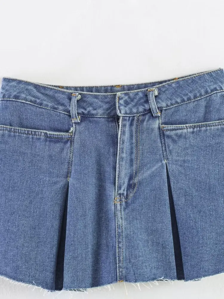 European and American style 2026 new summer style pleated raw edge high-waisted A-line denim skirt hot girl slim retro skirt - view 3