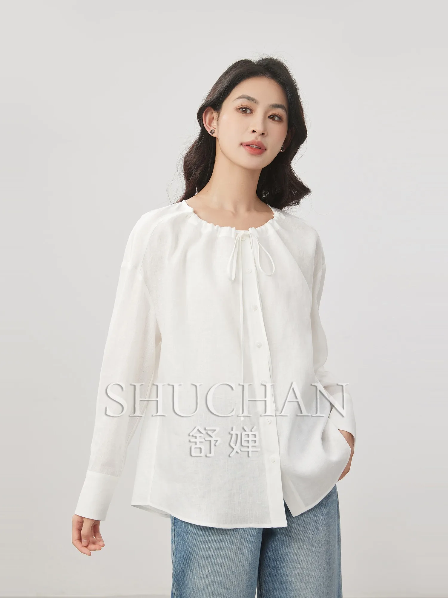 New Return To Natural 1OO% Linen Drawstring Lace-up Crew Neck Loose Shirt 25 Spring Tops Mujer  Shirts for Women