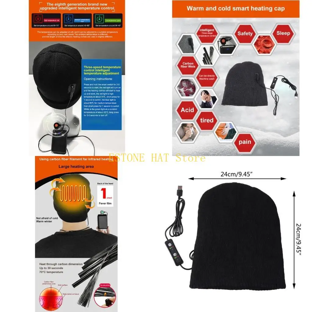 49MF USB Electric Far Cap Usb Charging Heat Knitted for Men Women