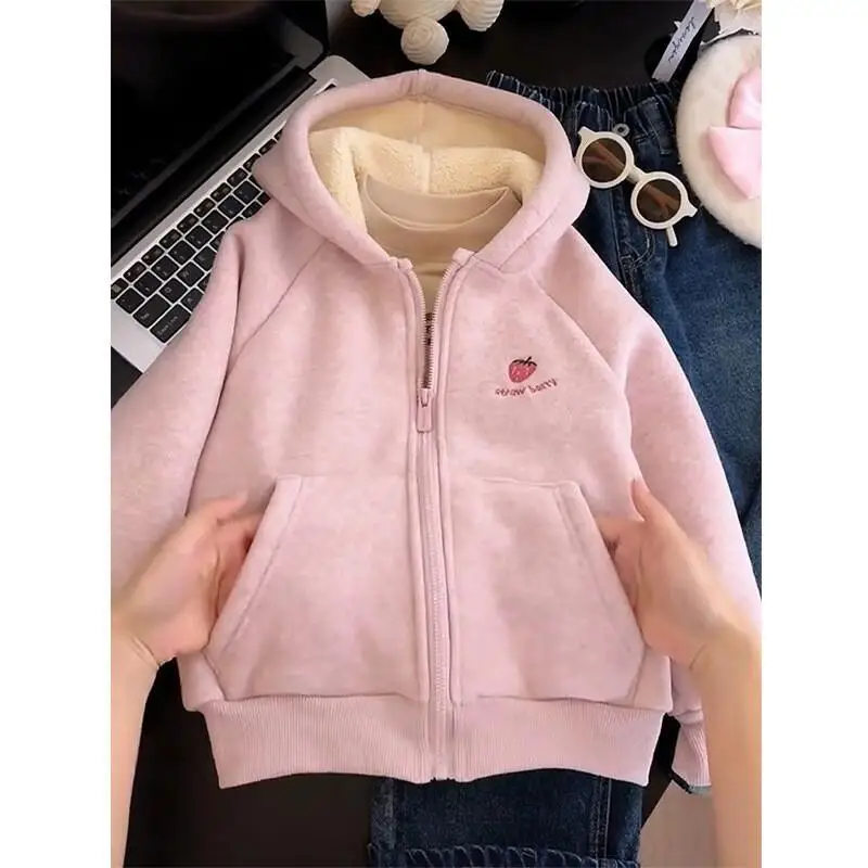 Kawaii Casual Coat Tops Fashion Children S Clothing Winter Girls Alpaca Fleece Jacket Thickened Hooded Sweatshirt 2024 New Big