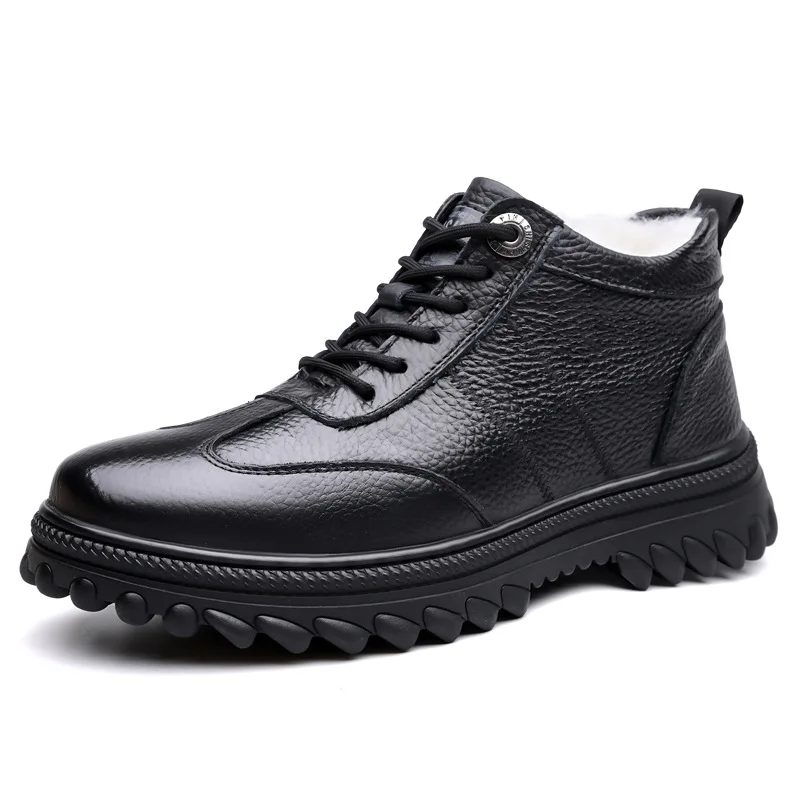 

Высокие зимние теплые хлопковые туфли для мужчин, новые дизайнерские туфли из коровьей кожи, мужские черные противоскользящие повседневные мужские туфли на платформе