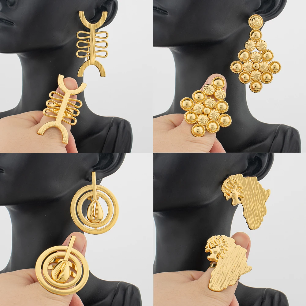 

Fashion 2pcs Clip Earrings Ring Sets Dubai Bride Wedding Trendy African 18K Gold Color Copper Jewelry Charm Earrings Open Ring