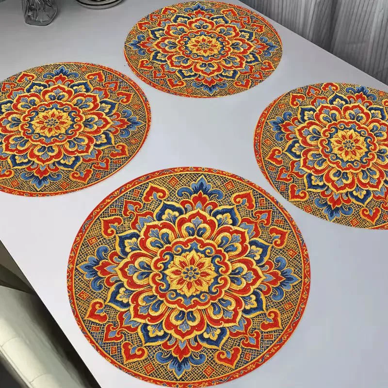 VIKAMA National Tide Red Blue Gold Datura Round Linen Placemats, Heat Resistant Table Mat for Kitchen Dining Table