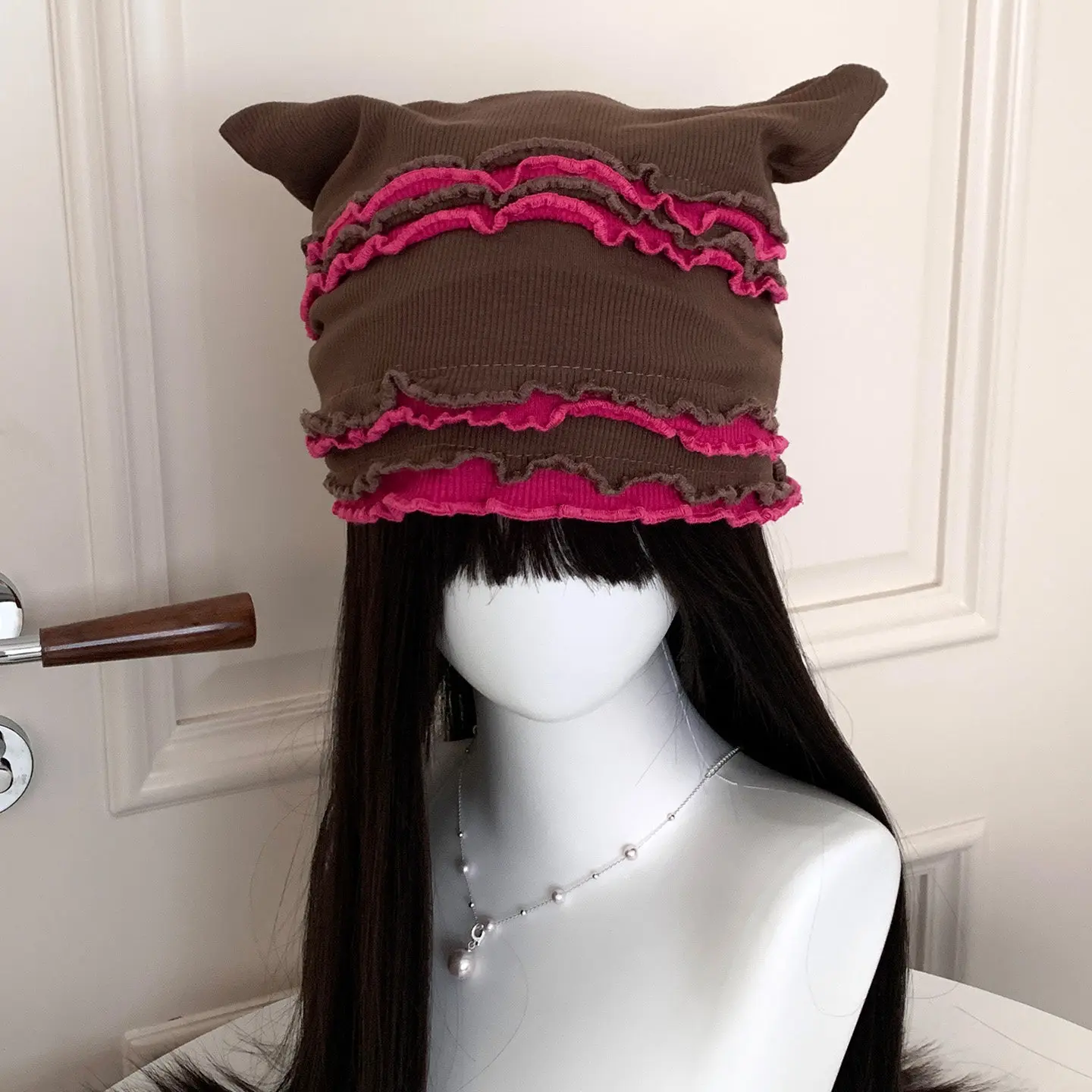 New Multi Layer Wave Edge Sweet Cool Cat Ear Stacking Hat Soft Knitted Baotou Hat Y2K Street Trendy Wearing Hat Subculture ins