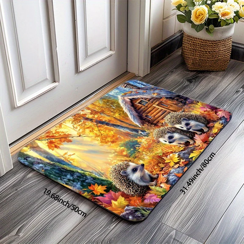 Fall Autumn Squirrel Woodland Forest Cabin Doormat Entrance Mat Cozy Seasonal Decor Rug for Home Entryway Porch Mat