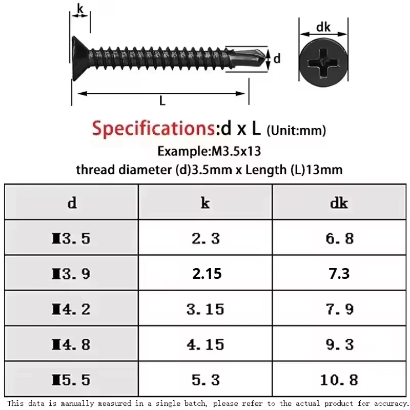 410 Stainless Steel Cross Recessed Flat Head Self Drilling Screws Black M3.5~M5.5