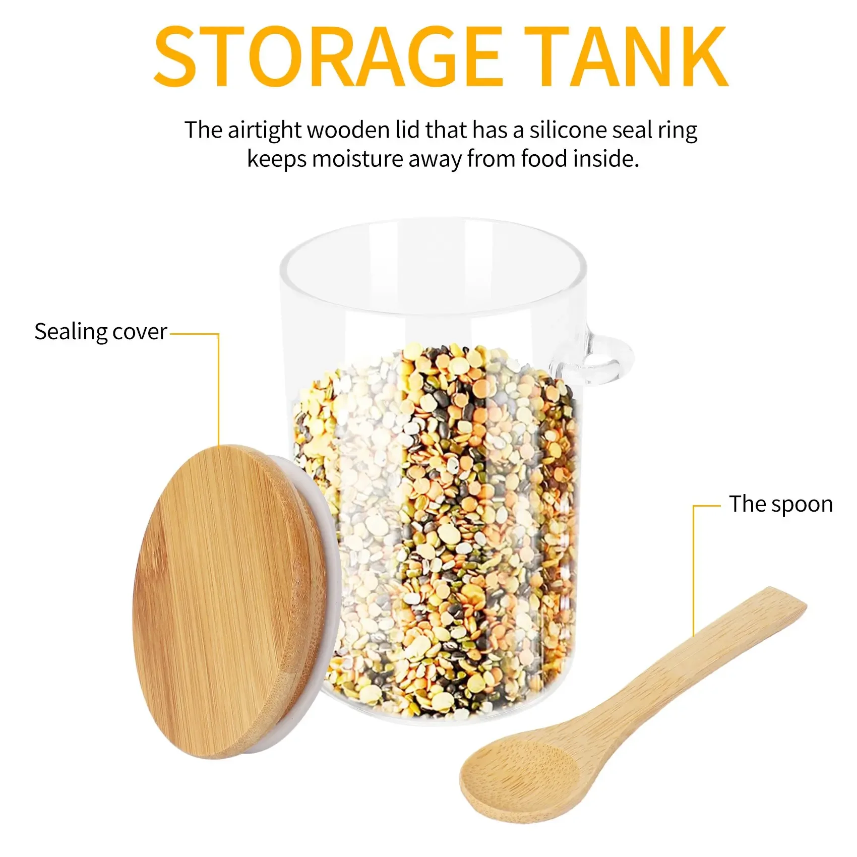 Food Storage Glass Jar Clear Sealed Canister Container with Lid and Spoon for Loose Tea Salt Sugar Coffee Bean Preservation