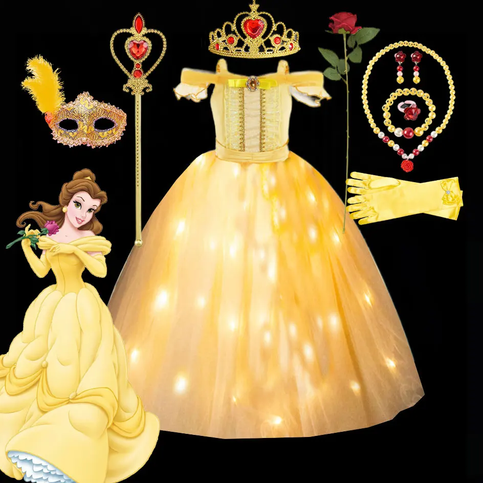 Kinder Belle Belle „Die Schöne und das Biest“-Ballkleid mit LED-Mädchen-Prinzessin-Partykleid, leuchtendes schulterfreies Kleid für Kinder, Halloween-Bekleidung