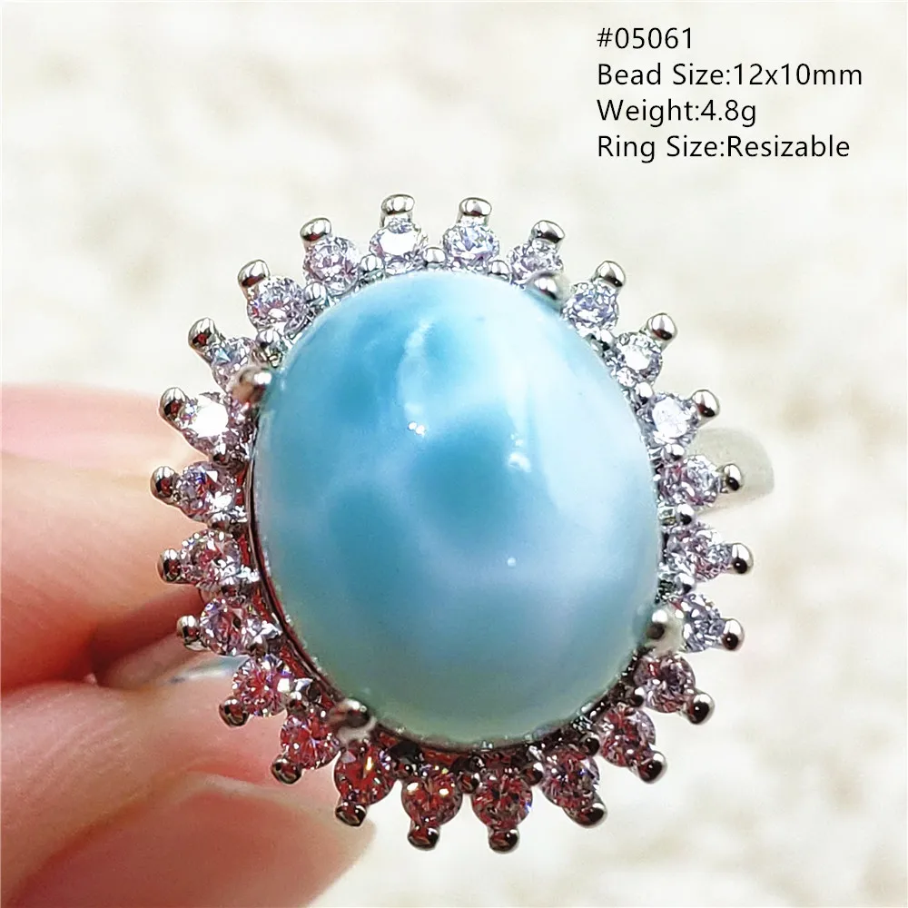 Natural Blue Larimar Adjustable Ring 925 Sterling Silver Larimar Gemstone Women Men Water Pattern AAAAA