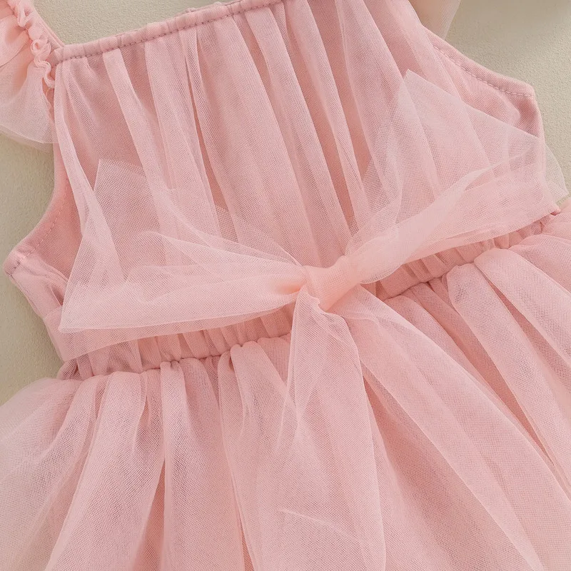 Newborn Baby Girl Dress Bodysuit Summer Clothes Sleeveless Tie Knot Front Pleated Tulle Dress Jumpsuit for Kids Infant Clothing