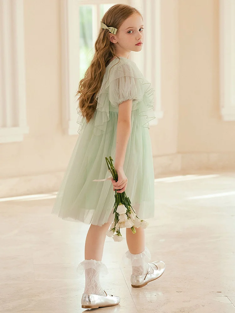 Baby Girls Summer Dresses Wedding Party Princess Flower Girl Dress Cute Gauze Puff Short Sleeve Light Green 3T 14yrs Kid Clothes