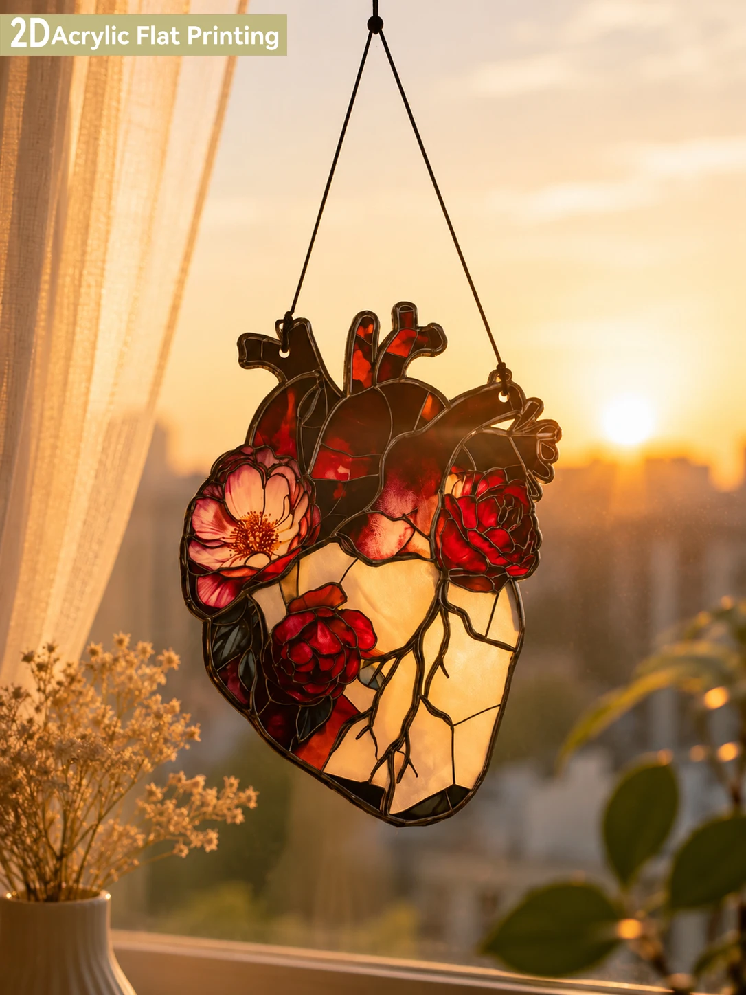 Vintage Gothic Floral Anatomical Heart Suncatcher Acrylic Window Wall Hanging Ornament Red Rose Heart Art Home Wall Decor Gift view 5
