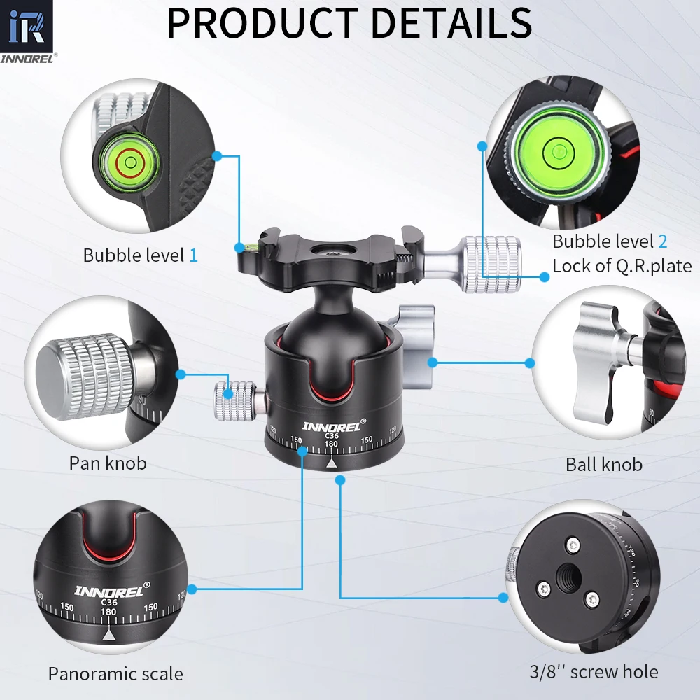 INNOREL C36 رأس كروي منخفض المستوى 36 مم CNC معدني 360 °   رأس حامل ثلاثي القوائم للكاميرا البانورامية للحامل ثلاثي القوائم، Monopod، كاميرات DSLR، كاميرا الفيديو