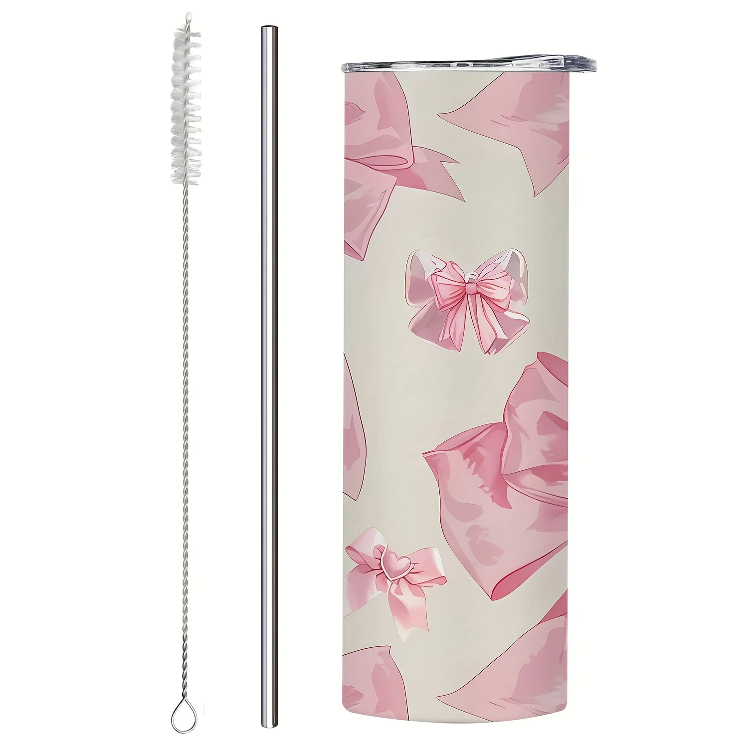 1pc 20oz Stainless Steel Insulated Tumbler with Pink Ribbon Bow Print Design, Double-Wall Vacuum Insulated Cup with Lid, Leak-Proof Thermos Suitable for Hot and Cold Drinks with Straw, Reusable, Featuring Bows of Various Sizes, Gift for Family