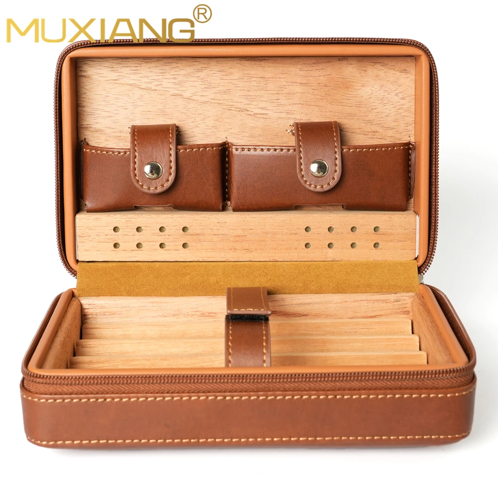 Leather cigar case travel bag ，cigar bag with cedar wood，Holds 4pcs large cigars and cigar accessories， Travel Cigar Humidor