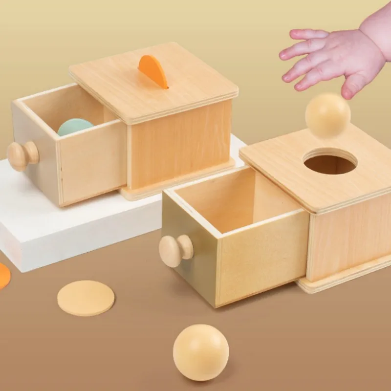 Kid Educational Toy Children Montessori Object Permanence Box Hammer Box Macaron Wooden Toys Coin Ball Textile Drum Drawer Box