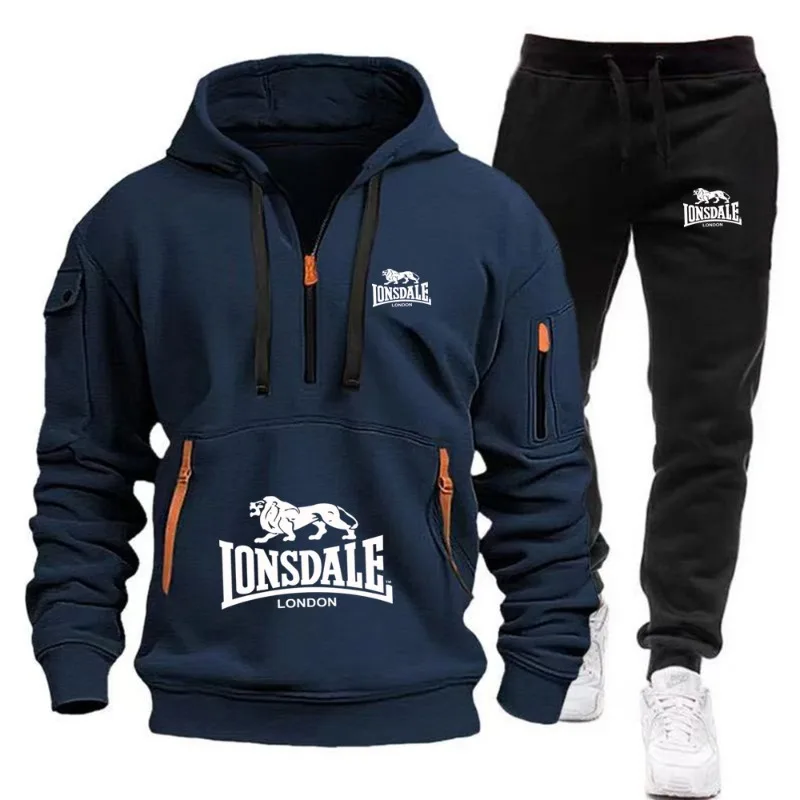 LONSDALE Men's Kangaroo Pocket Hoodie Set 2026 New Autumn Winter Fleece Sweatshirt + Sports Pants 2 Piece Tracksuit Casual Fitne view 2