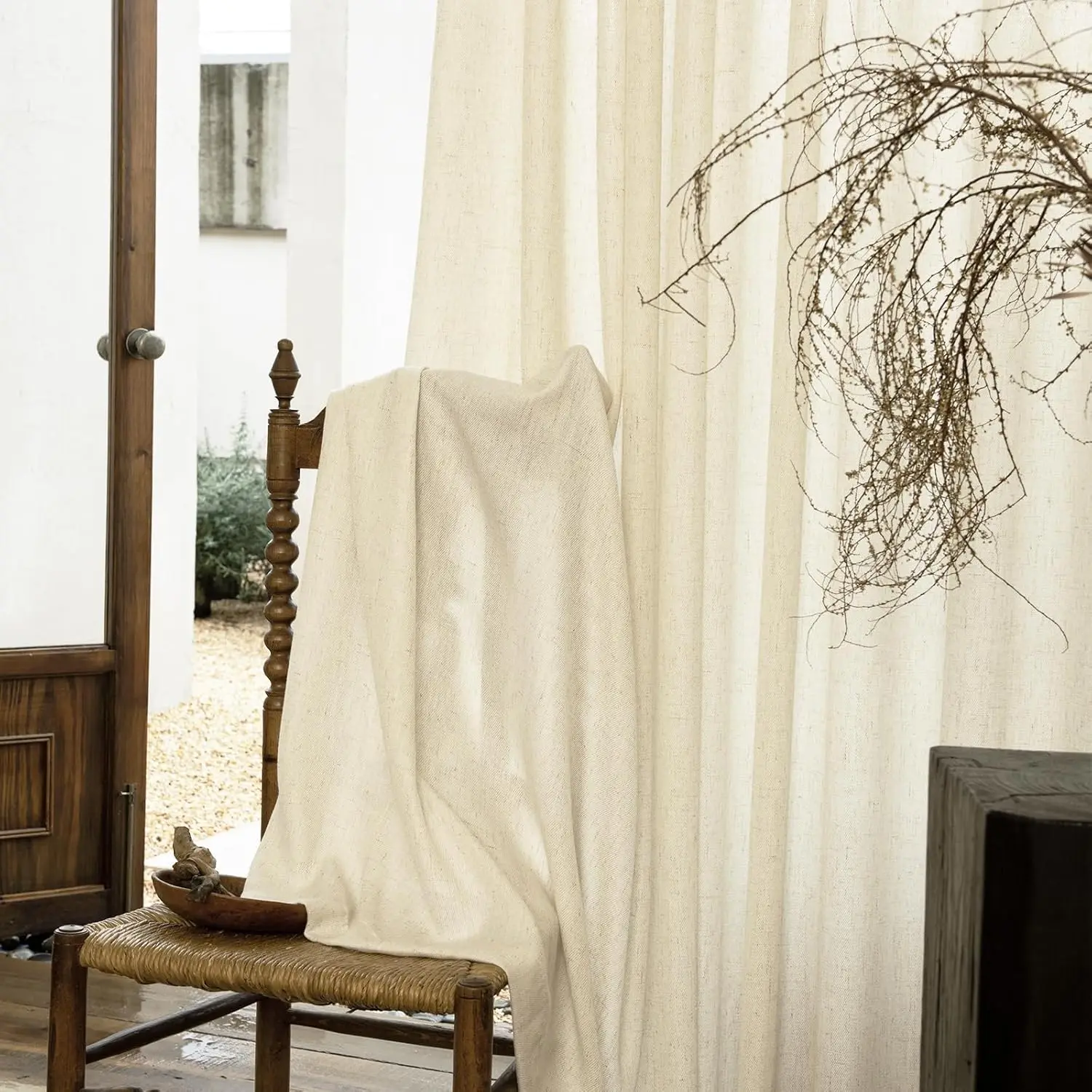 Heavy Duty Pinch Pleated Linen Curtains Semi Sheer for Living Room Light Filtering Back Tab Neutral Farmhouse Vintage Curtain
