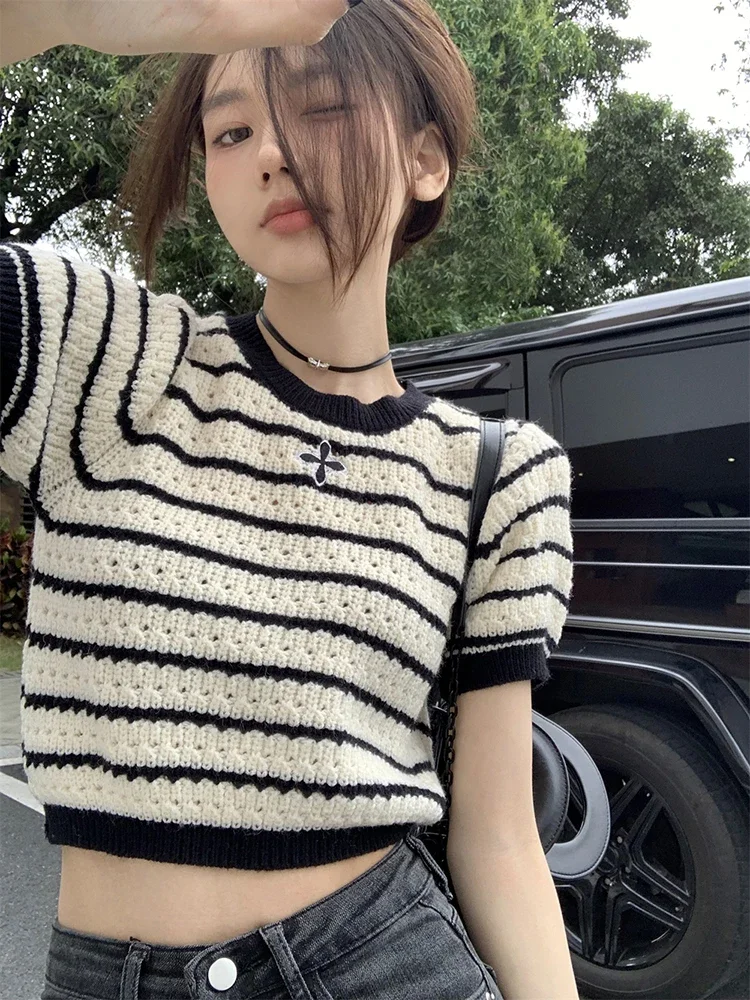 

Summer Chicly Knitted Basic Hollow Out Casual Female Pullovers Korean Fashion Striped Contrast Color Simple Slim Women Pullovers