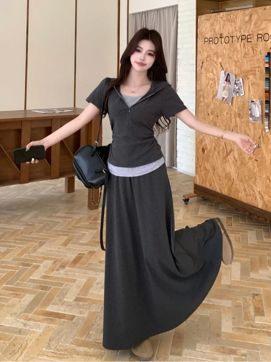 

plus Size Casual Knitted Set Summer New Lazy Style Short Sleeve High Waist Dress A-Line Skirt Fashionable Two-Piece Suit