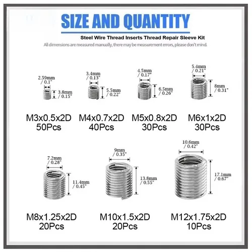 Imagen 2 del producto 200 Uds Helicoil Kit de inserción de alambre de inserción roscada M3 M4 M5 M6 M8 M10 M12 juego de recuperación de rosca de manga de tornillo de acero inoxidable