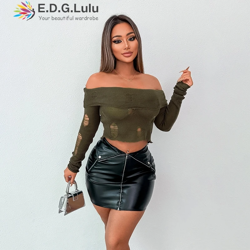 

EDGLuLu 2024 Осенняя трикотажная футболка с открытыми плечами и длинными рукавами, топы, укороченные женские футболки с квадратным вырезом и вырезами, сексуальная клубная футболка 0830