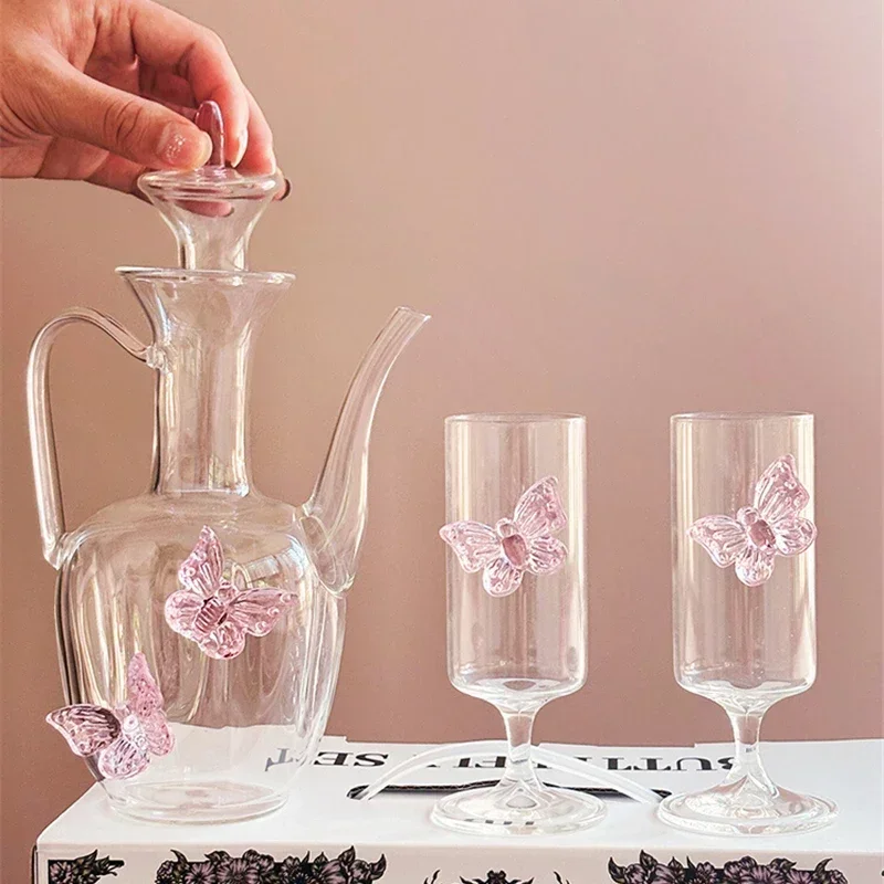 Glass Tea Set Set Pot and Cup Cute Pink Butterfly Design Valentine's Day Gift Drinking Juice Goblet Elegant Teapot Glasses