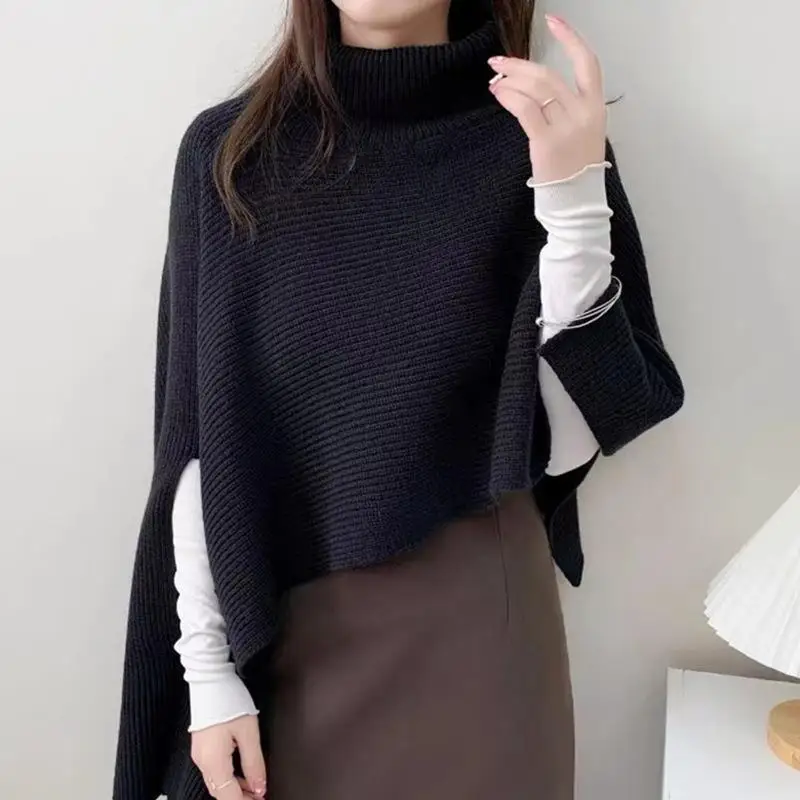 Autumn and Winter Foreign Trade Irregular Solid Color Knitted High Neck Lapel Shawl Cape Sweater Jacket