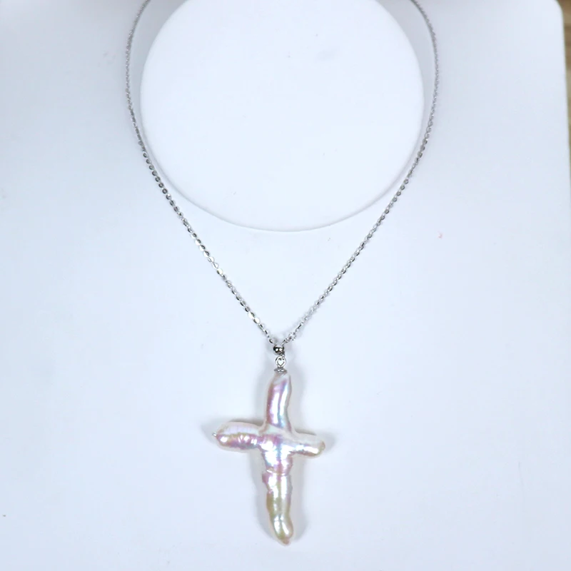 wholesale natural baroque style pearl cross pendant,good luster,sterling sliver chains,adjustable length