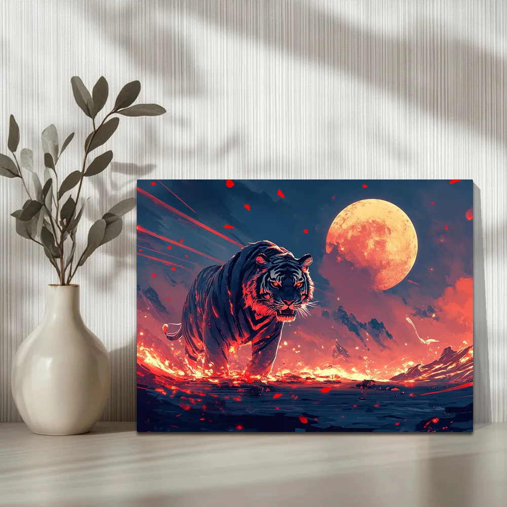 1pc,Angry Tiger, Deep Red Moon G, Modern Canvas Wall Art, Waterproof Wall Painting Poster Picture Art, Framed, 16x12inch