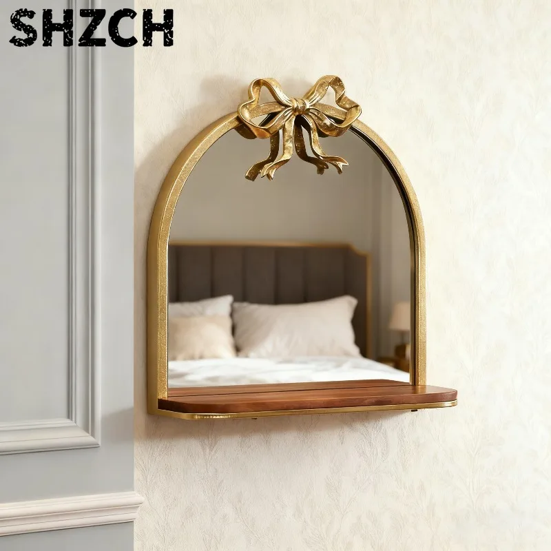 Vintage Arched Gold Mirror Antique Vanity Wall Mirrors with Storage Shelf Baroque Ornate Bow Decor for Living Room, Bathroom