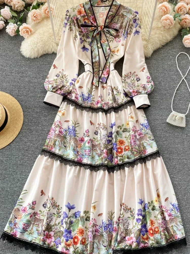 Vintage Elegant Long Dress Women Slim Floral Printed Party Dresses Tie Bow Elastic Waist Lantern Long Sleeve Long Robe Vestidos