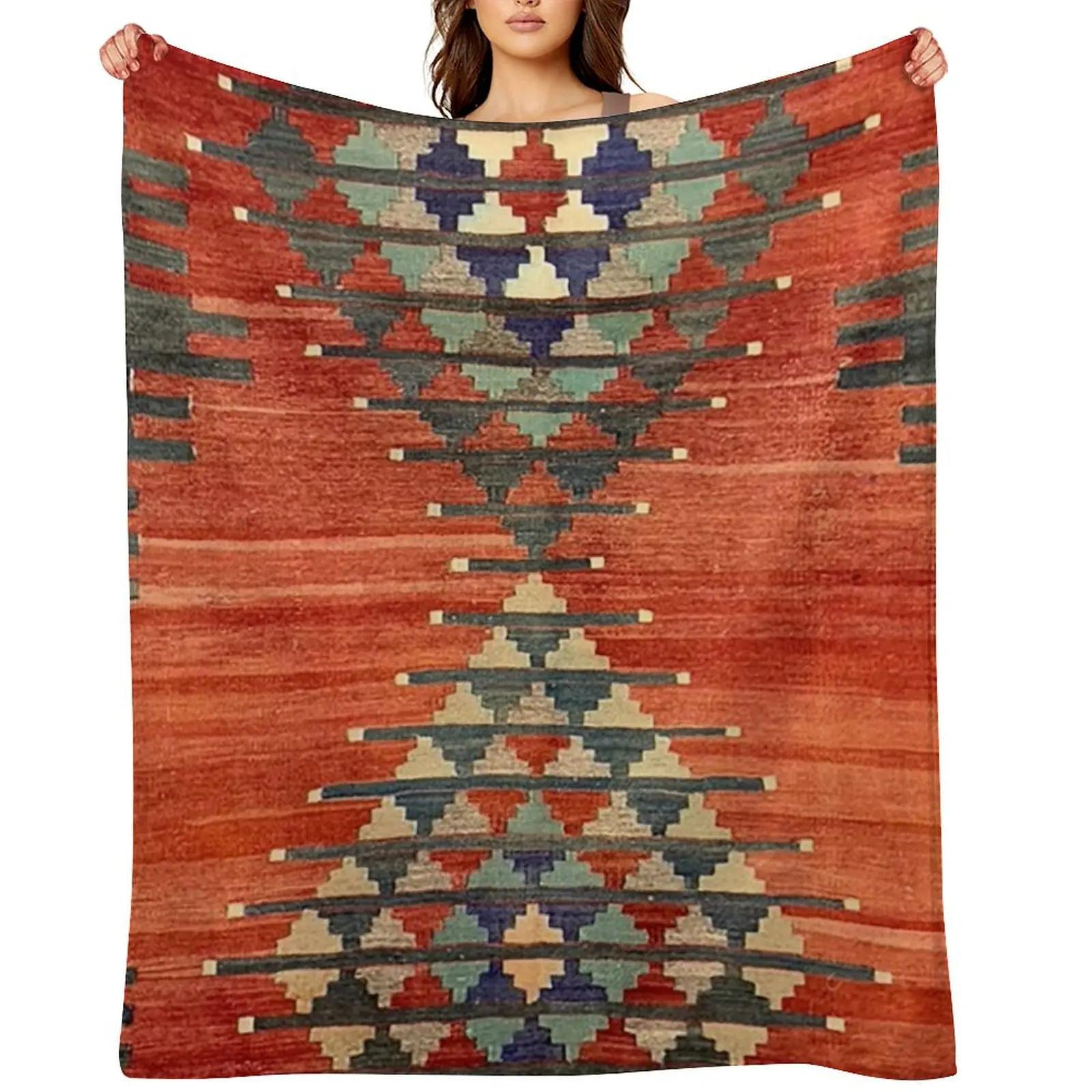 Vintage Kars Decorative Whole Kilim, Navaho Weave, Woven Aztec Textile Throw Blanket Hair Sofa Quilt Blankets