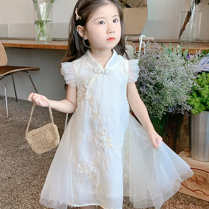 فستان أميرات للأطفال على الطراز الصيني بدون أكمام ، فستان صيفي للأطفال ، فستان شبكي جميل للفتيات ، جديد