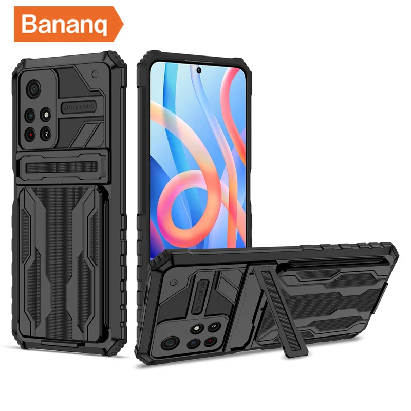 

Bananq Shockproof Card Slot Kickstand Phone Case For Redmi Note 12 9S 9 10 10S 11 11S Pro Plus 4G 5G Max Bracket Card Bag Cover