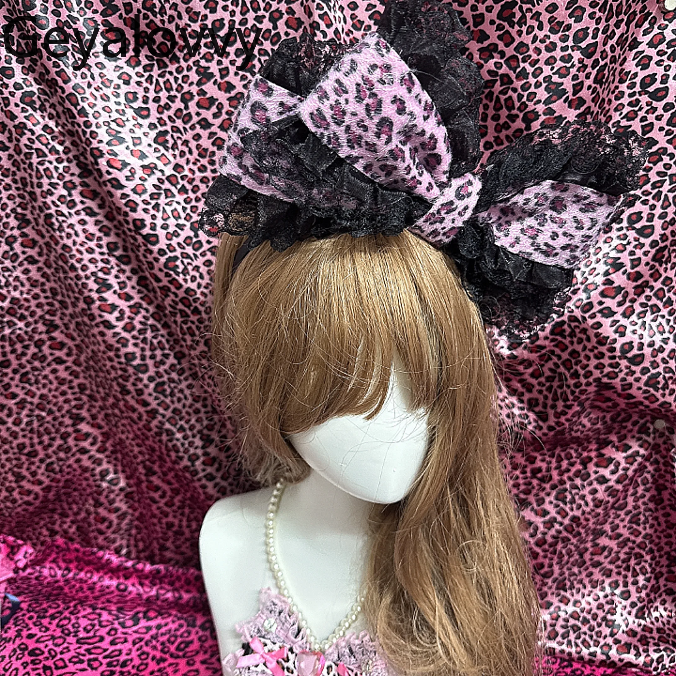 

Новая женская повязка на голову в стиле Лолита, винтажная, большая, с кружевом, аксессуар для волос для девочек, заколка-зажим, повязка на голову с леопардовым принтом в стиле принцессы